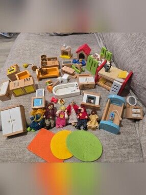 Hape Wooden Dollhouse Furniture & Family Figure Lot - 50+ Pcs Multi-Room Set
